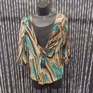 Chic Women's Top with Buckle in Teal and Brown